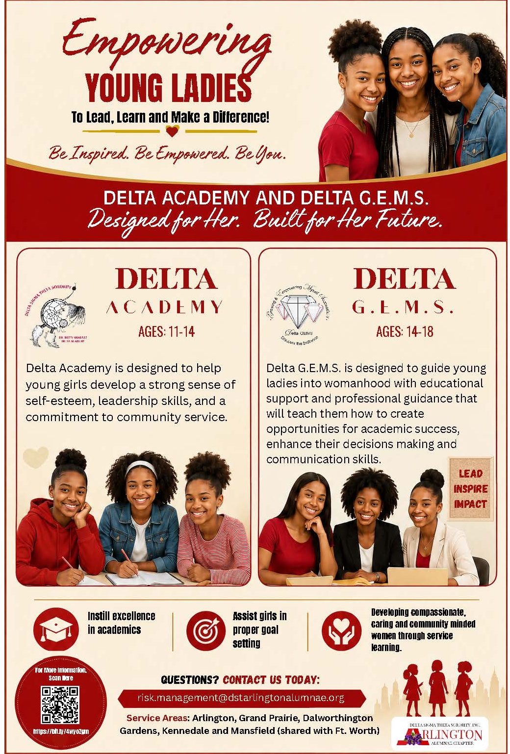 Arlington Alumnae Chapter of Delta Sigma Theta Sorority, Inc. Youth Programs Flyer for the 2026-2027 Sorority Year